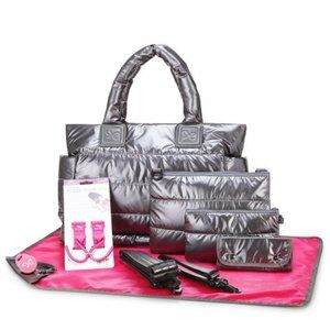 NWT CIPU 7 PIECE PUFFER PARENT BAG IN DARK SILVER & PINK INTERIOR.  OS